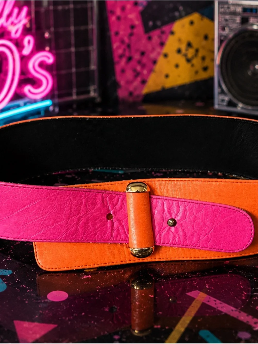 Retro 80s Women’s Two-Tone Wide Leather Belt – Pink & Orange